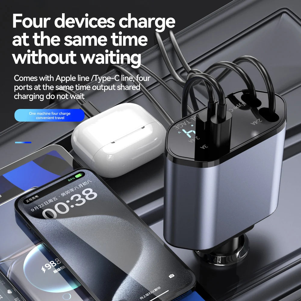 120W 4 IN 1 Retractable Car Charger USB C Cable For IPhone Huawei Samsung Fast Charge Cord Cigarette Lighter Adapter PD QC3.0