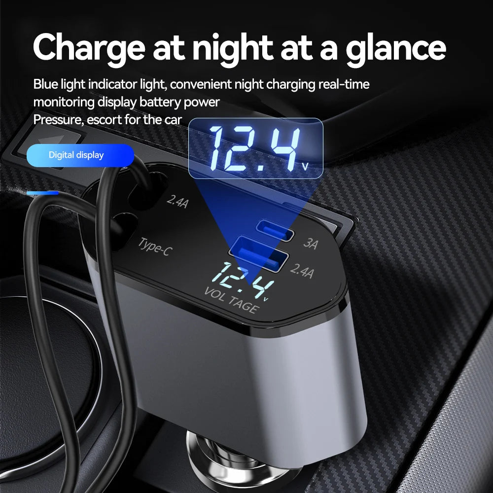 120W 4 IN 1 Retractable Car Charger USB C Cable For IPhone Huawei Samsung Fast Charge Cord Cigarette Lighter Adapter PD QC3.0